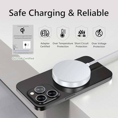 Revolutionary Mag Safe Wireless Charger – Qi2 Certified 15 W Fast Charging Pad with 1.5 m Braided Cable for i Phone 16/15/14 & Air Pods – Effortless Magnetic Alignment & PD Charger for Enhanced Convenience – Sleek White Design for Modern Aesthetics