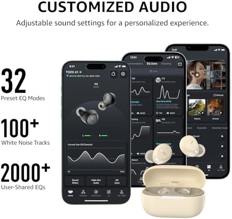 TOZO A1 Wireless Earbuds – Bluetooth 5.3 Lightweight IPX5 Waterproof Earphones with Dual Mic for AI Calls, Immersive Sound Experience, Customizable 32 EQ Presets via App, Ergonomic Fit & Portable Charging Case for Active Lifestyles