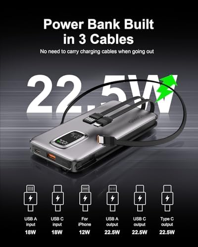 Ultimate 10000 m Ah Portable Power Bank with Built-In USB-C, USB-A & i OS Cables – 22.5 W Fast Charging Power Bank for i Phone 16/15/14/13, Samsung S24/S23/S22/S21, i Pad & More – Lightweight, Airline-Approved Charger for On-the-Go Convenience and Enhanced Device Compatibility