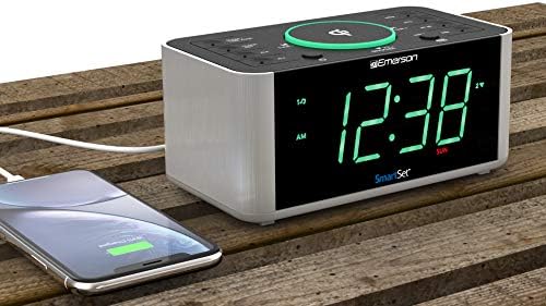 Elevate Your Morning Routine with the Emerson ER100202 Smartset Dual Alarm Clock Radio – Bluetooth-Enabled, USB Charging Port, and Qi Wireless Charger for Effortless Device Power – Stylish and Functional Addition to Your Bedside or Office Setup