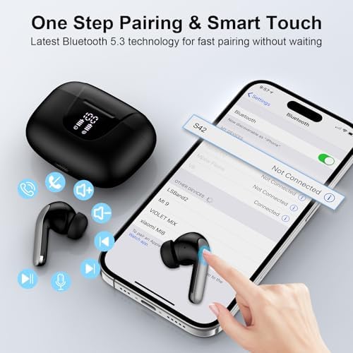 Advanced Bluetooth 5.3 Waterproof Earbuds – Unmatched 60-Hour Battery Life for Active Lifestyles – Seamless Compatibility with Samsung Galaxy S25/S24/S23/S22 & i Phone 16/15/14 – Real-Time LED Battery Indicator and Built-In Microphone for Enhanced Communication – Ergonomic Fit for Comfort During Workouts and Daily Use