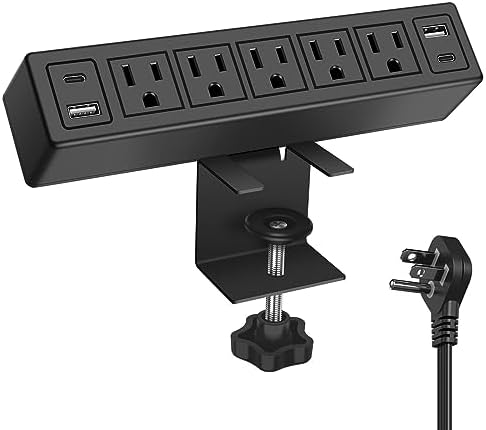 40 W Fast Charging Desk Clamp Power Strip with 4 PD20 W USB Ports and 5 Outlets – 1200 J Surge Protector for Enhanced Device Safety – Perfect for Home Offices, Workshops, and Gaming Stations – Durable Design for Easy Attachment to 1.65” Thick Tabletops