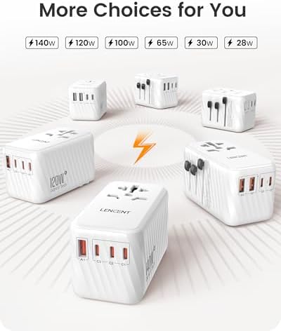 LENCENT 85 W Universal Travel Adapter with Retractable USB-C Cable – High-Speed International Plug Converter Featuring 3 Type-C & 1 USB-A Ports for Effortless Worldwide Charging – Your Ultimate Travel Essential for Maximum Compatibility, Fast Charging, and Ga N Technology Efficiency