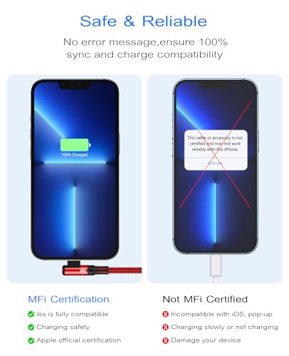 10 FT Right Angle i Phone Charger Cable 2-Pack – MFi Certified Lightning Fast Charging for i Phone 14/13/12/11 Pro Max & More – Durable Nylon Braided Design for Optimal Performance and Tangle-Free Convenience – Perfect for Gaming and Streaming