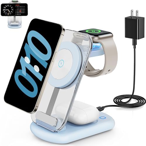 2025 Magnetic 3-in-1 Wireless Charging Station for i Phones, Apple Watches, and Air Pods – Fast Travel Charger with Integrated Light Indicator – Compact Design for Ultimate Portability – Perfect Gift for Tech-Savvy Couples – Compatible with i Phone 16, 15, 14, 13, 12 Pro Max Plus, Air Pods 4, 3, 2, Pro and Apple Watch Series – Enhance Your Charging Experience with Rapid Power-Up Technology