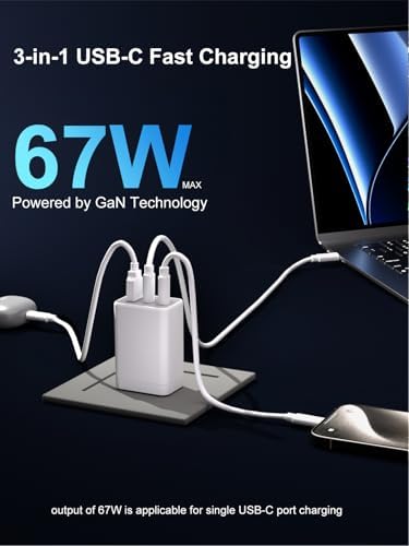 67 W Ga N USB-C Fast Charger Block – 3-Port Portable Wall Charger for Mac Book Pro, i Phone 16, Galaxy S24 & More – Compact, Foldable Design with Included Data Cable for Ultimate Compatibility & Speed