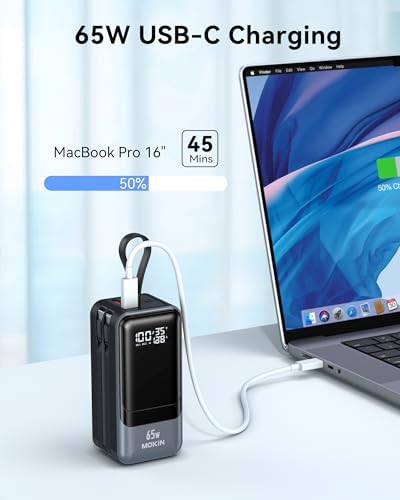 Ultra-Fast 65 W Portable Laptop Charger – 18400 m Ah Power Bank with Smart Display, Dual Built-in Cables, 4 Output Ports, Travel-Friendly Design for Mac Book, i Phone 15/14/13, i Pad, Samsung – Compact Power Solution for On-the-Go Charging