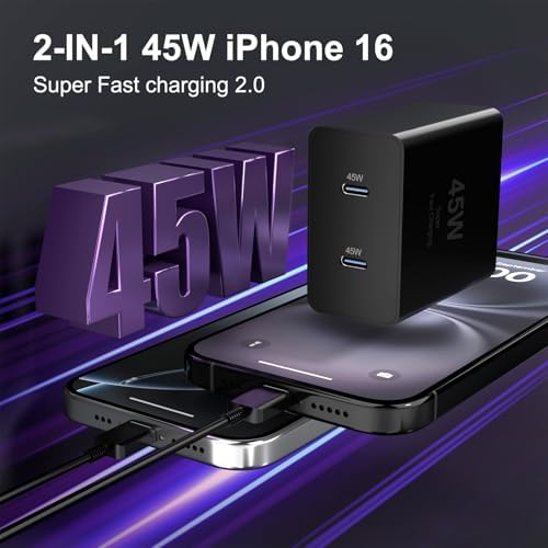 45 W Dual USB-C Fast Charger with 10 FT Cable for i Phone 16 & Galaxy S25 – Rapid Charging Solution for i Pad Pro/Air, Compact & Portable Power Block, Enhanced Device Compatibility