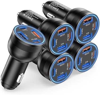 High-Powered 5-Pack USB C Car Charger – 4-Port 65 W Dual USB-C & USB-A Fast Charging Adapter for i Phone 16/15/14/13/12 Pro Max, Samsung Galaxy & i Pad – Ultimate Compatibility & Speed for On-the-Go Charging