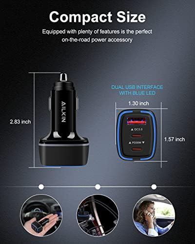 AILKIN 56 W PD USB C Car Charger – Ultra-Fast Multiport Charging Solution with 3 Ports for i Phone, Samsung Galaxy, LG, Google Pixel, and More – Compact, Safe, and High-Efficiency Automotive Charging Adapter for All Your Devices