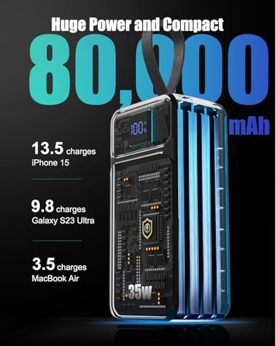 Ultimate 80000 m Ah Power Bank – High-Capacity Portable Charger with 35 W Fast Charging and Built-in 3 Cables – 7-Port Multi-Device Compatibility for i Phone, Galaxy, Steam Deck – Perfect for Outdoor Adventures – Enhanced Safety Features, Durable Design, and Convenient Carry Strap – LED Smart Display for Real-Time Monitoring – Backed by 3-Year Warranty and 24/7 Tech Support