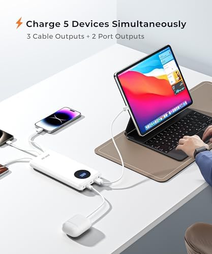 Ultra-Fast Portable Charger with Built-In Cables & LED Display – 10000 m Ah Power Bank for Multiple Devices, 22.5 W Super Speed Charging, Slim Design for Travel & Emergency Use – Compatible with i Phone 16/15/14/13/12, Samsung Galaxy, Google Pixel & More (Purple) – Ultimate Convenience & Safety Features