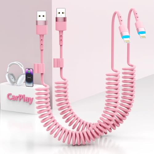2-Pack Retractable Coiled USB-C to Lightning Charger Cable for i Phone – MFi Certified Fast Charging Solution for i Phone 14/13/12/11 SE/Xr & i Pad – 4 Ft Pink Car Play Cable for Uber and On-the-Go Syncing – Durable, Tangle-Free Design for Ultimate Portability and Efficiency