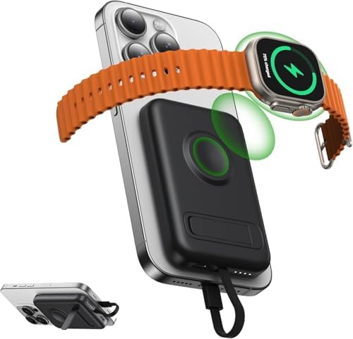 Ultimate Portable Power Bank for Apple Watch & i Phone – 5200 m Ah Magnetic Wireless Charger with Built-in Cable, Slim Travel Battery Pack for Apple Watch Series 9/Ultra2/8/7/6/SE/5 & i Phone Models 14/13/12/11/XR/8/7/6 s – Fast Charging for Active Lifestyles