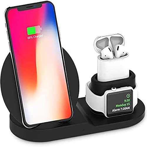 All-in-One 3 in 1 Wireless Charging Station for Samsung Galaxy & Apple i Phones – 7.5 W Fast Charging Dock for Phones, Smartwatches, and Air Pods – Eco-Friendly Design with Enhanced Safety Features – Sleek Black Finish for Modern Spaces