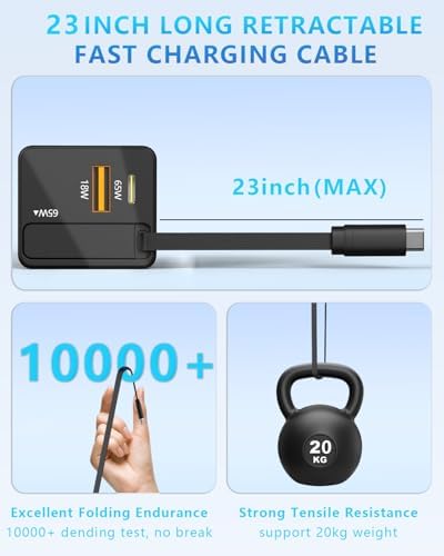Powerful 65 W Ga N USB-C Charger with Retractable Cable – Dual Port Compact Fast Charging Adapter for i Phone 15/16 Pro, i Pad, Mac Book & Galaxy Devices – Ultimate Portability & Enhanced Compatibility
