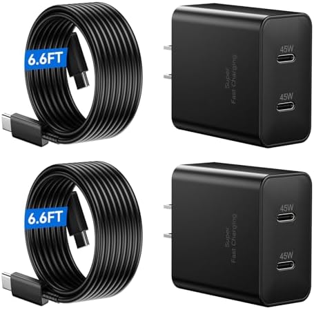 Dual-Port 45 W Super Fast USB-C Charger with 6.6 FT Cable – Ultimate Charging Solution for Samsung Galaxy S25/S24/S23 and Android Devices – Quick, Safe, and Reliable Power for Home, Office, or Travel – 2 Pack for Maximum Value and Compatibility