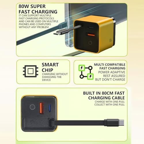 Revolutionary 80 W Ga N 3-in-1 Fast Charger with Retractable Design, Type C Cable & Dual USB Ports – Ultimate Travel Companion for Phones & Laptops in Sleek Yellow Finish – Enhanced Compatibility & Efficiency for Modern Charging Needs