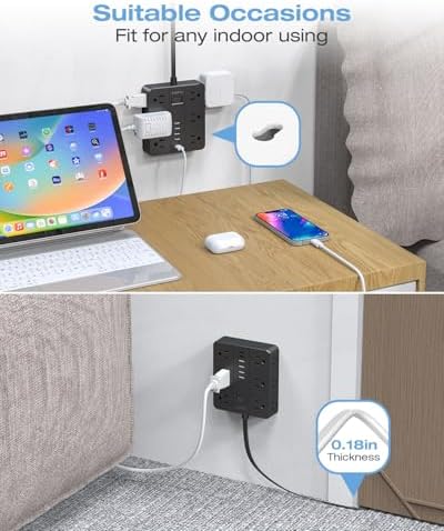 Maximize Your Charging Potential with AOFO 5 Ft Flat Plug Power Strip: 12 Outlet Surge Protector & 6 USB Ports (4 USB-A, 2 USB-C) for Home, Office, and Dorm Use – Reliable, Safe, and Space-Saving Design for All Your Devices
