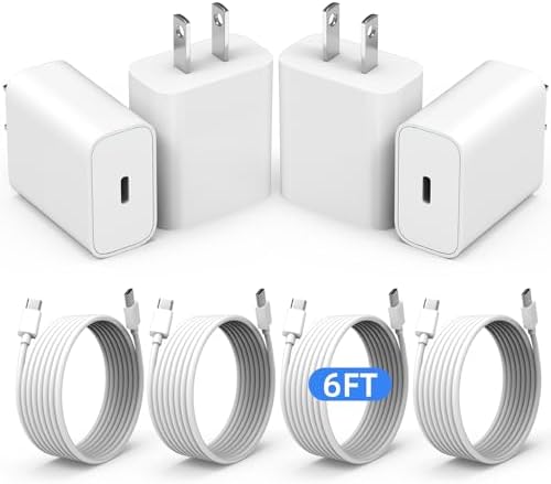 Ultra-Fast 20 W PD i Phone Charger Pack – MFi Certified USB-C Wall Charger Set with Four 6 FT Lightning Cables for i Phone 14, 13, 12, 11 Pro Max, XR, XS, X, i Pad & Air Pods Pro – Compact, Durable, and Versatile Charging Solution for Home and Travel