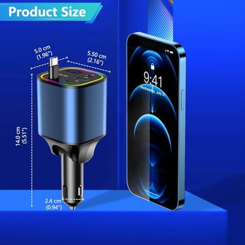 Ultimate AGEMANY 4-in-1 Retractable Car Charger: 78 W Fast Charging USB C Adapter for i Phone 16/15/14/13/12 & Android Devices, Stylish Cigarette Lighter Accessory with RGB Illumination – Perfect Gift for Tech-Savvy Drivers