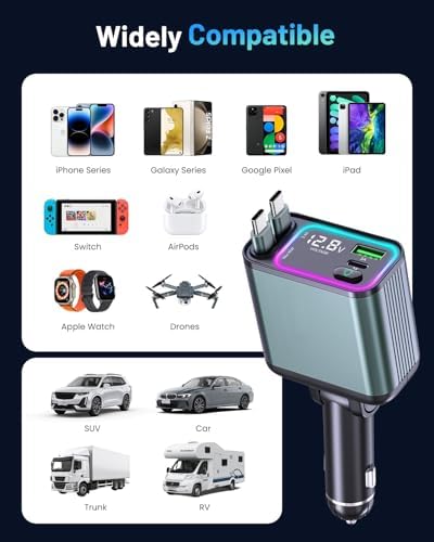 Versatile 4-in-1 Retractable Car Charger with RGB Lighting – 92 W Fast Charging USB-C Adapter for i Phone, Galaxy, and Pixel – Compact & Stylish Car Phone Charger for Effortless Power Management – Essential Car Accessory for Tech-Savvy Drivers