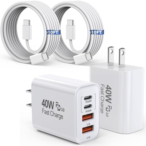 Ultimate 10 FT i Phone 16 & 15 Pro Charger Set – Dual Pack 40 W USB C Fast Charging Cables with 4-Port PD & AC Wall Adapter for Enhanced Compatibility and Convenience – Ideal for Home and Office Use