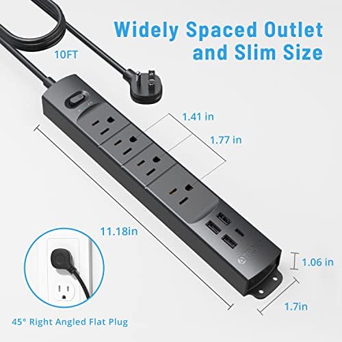 Ultra-Slim TROND Surge Protector Power Strip with 3 USB Ports & Type C – 4 AC Outlets for Maximum Device Protection & Charging Speed – 1440 J Surge Defense, ETL Listed, Space-Saving Wall Mount Design for Home Office & Dorm Use – Versatile Power Management Solution in Elegant Black