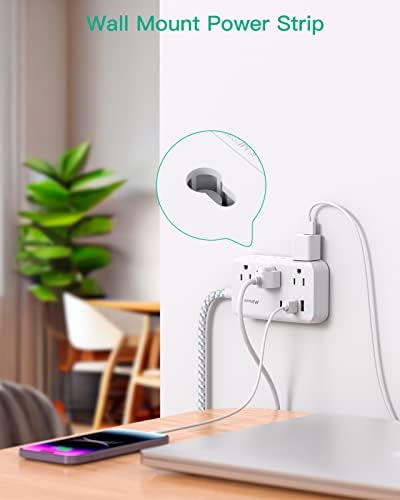 Compact Power Strip with 6 Outlets and 4 USB Ports (2 USB-C) – 5 Ft Braided Extension Cord with Ultra-Slim Flat Plug for Wall Mounting – Essential Overload Protection for Travel, Dorm Rooms, and Cruise Ships – Versatile Device Charger for Modern Living