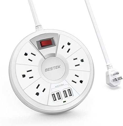 BESTEK Travel Power Strip – 6-Foot Extension Cord with 4 USB Ports & 6 Outlets, Surge Protector for Dorms, Bedside & Cruise Ships, 13 A 125 V, 220 Joules, Enhanced Charging Hub for All Devices, White