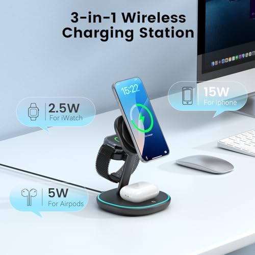 Ultimate 3-in-1 Wireless Charging Station: 15 W Fast Charger for i Phone 16/15/14/13/12, Apple Watch & Air Pods – Adjustable Viewing Stand with Sleep-Friendly Light for Enhanced User Experience (Black) – Rapid, Safe Power Delivery with Multi-Protection Features