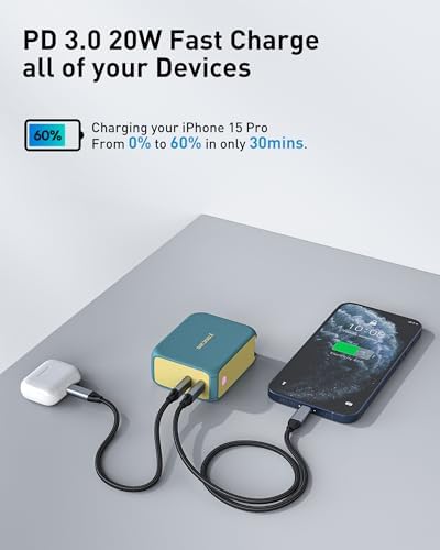 2-in-1 Hybrid Power Bank & Ga N Charger | 5000 m Ah Portable Fast Charging Solution | 20 W USB-C Dual Ports for Mac Book, Dell, i Phone, Samsung, Switch | Stylish Lake Azure & Goose Yellow Design | Ultimate Device Compatibility & Efficiency
