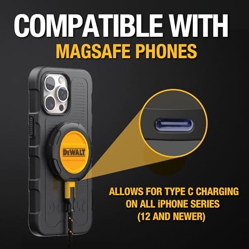 DEWALT 15 W Heavy Duty Wireless Charger – Fast Charging Pad for Mag Safe i Phone Models 16/16 Plus/16 Pro Max/15/14/13/12, Includes Versatile Wall Mounting Plate for Easy Installation – Durable, Efficient, and Sleek Design for Home or Office Use