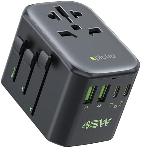 EPICKA Pulse Universal Travel Power Adapter – 45 W 5-Port Charger with Dual USB-C and USB-A for Effortless Fast Charging in Europe and Japan – Your Ultimate Travel Companion for Seamless Connectivity and Device Protection (Sleek Black Design)