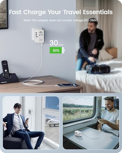 85 W Universal Travel Power Adapter with Retractable USB-C Cable – Optimal Fast Charging Hub for Global Use, Featuring 4 Ports for Seamless Connectivity in US, EU, UK & Beyond, Engineered for On-the-Go Professionals Seeking Efficiency and Versatility