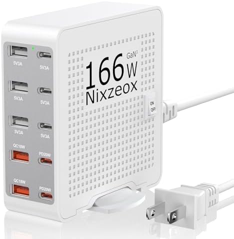 High-Speed 10-Port USB C Charging Station – 166 W Ga N Wall Charger with PD 20 W & QC 18 W for i Phone 15/14/13/12/11, i Pad, Samsung, Pixel 5 – Compact White-Silver Design for Universal Device Charging Convenience