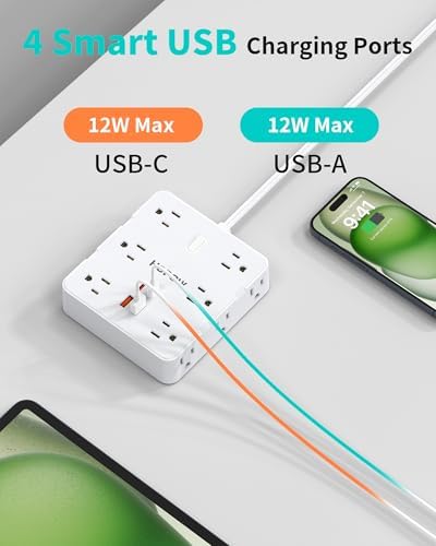 Upgrade Your Charging Experience with 2 Prong Power Strip: 12 AC Outlets & 4 USB Ports (2 USB-C), 1700 J Surge Protector, 5 FT Extension Cord – Wall Mountable for Enhanced Safety in Older Homes with Non-Grounded Outlets