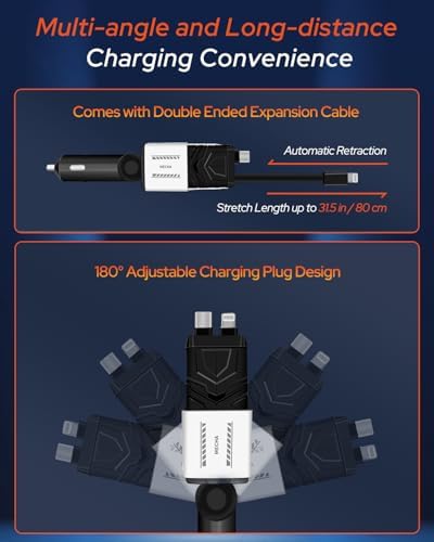 Ultimate 4 in 1 Retractable Car Charger Adapter – 66 W Fast USB-C Charger with Dual 31.5 Inch Cables & Dual USB Ports for i Phone, Android, Galaxy, Pixel, i Pad – Sleek Black Design for Effortless Multi-Device Charging on the Go