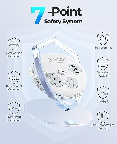 Compact ORICO Travel Power Strip with 3 AC Outlets & 3 Fast USB Ports (1 USB-C) – Space-Saving Flat Plug Extension Cord for Effortless Charging on Cruises, Hotels & Airports – Essential Travel Accessory in Sleek White Design