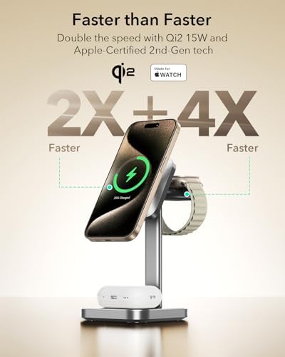 ESR Qi2 3-in-1 Wireless Charging Station – Fast 15 W Mag Safe Charger for i Phone 16/15/14/13, Certified Apple Watch & Air Pods Charger, Sleek White Design for Home or Office – Ultimate Multi-Device Charging Solution with Enhanced Compatibility and Speed
