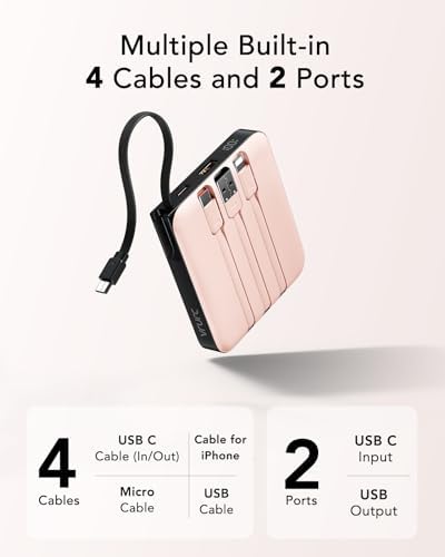 VRURC 20000 m Ah Portable Power Bank with Integrated Cables – Ultimate Travel Companion for i Phone 11-16 & Samsung Galaxy Series – Rapid 22.5 W Fast Charging Efficiency, Compact Design for On-the-Go Convenience – Essential Battery Pack for Uninterrupted Connectivity