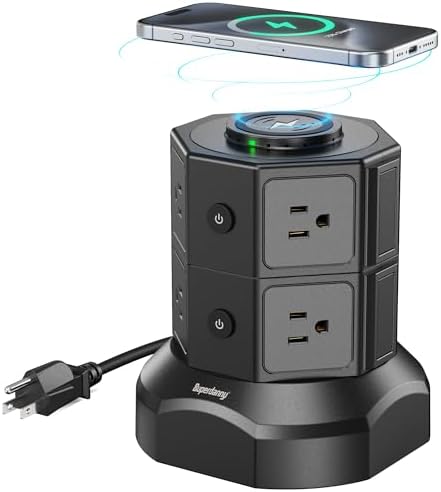 Revolutionize Your Charging Setup with SUPERDANNY Power Strip Tower – 15 W Wireless Charger, 6.5 Ft Retractable Cord, 1050 J Surge Protection, 8 Outlets & 4 USB Ports (2 USB-C) for Ultimate Home and Office Versatility