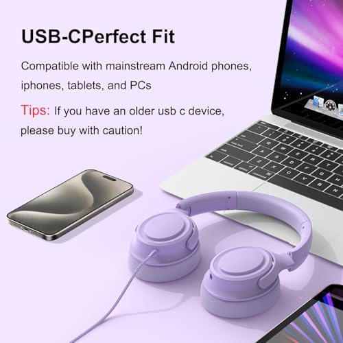 Experience Ultimate Sound Clarity with Stylish Purple USB C Wired Over-Ear Headphones – Immerse Yourself in Exceptional Hi-Fi Stereo Audio and Advanced Noise Isolation for Unmatched Comfort, Ideal for Music Aficionados and Professionals, Fully Compatible with USB C Devices