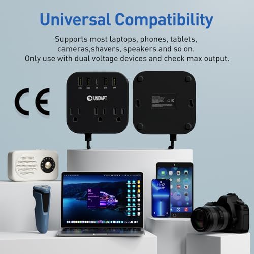 Universal Travel Power Strip with European Plug Adapter – Unidapt US to UK Adapter for EU/UK/US with 4 USB Ports Including USB-C, 3 AC Outlets, Wall Mountable Design, 5 ft Extension Cord for Home, Cruise, and Travel (Black) – Enhanced Device Compatibility and Fast Charging Solutions