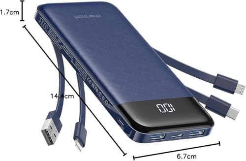Sleek 10,000 m Ah Multi-Device Portable Charger with Built-In Cables – High-Speed 3 A Power Bank for i Phone, Samsung, Pixel, LG, Moto, i Pad – Ultimate Travel Essential with 6 Outputs for Effortless Charging on the Go