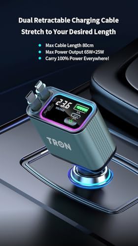 TRON 4-in-1 TR32 USB-C Car Charger Adapter – 660 W Rapid Charging with Retractable 2.6 Ft Cables & Dual USB Ports for Ultimate Device Compatibility and Convenience on the Go
