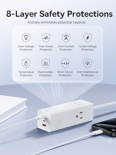 Baseus 1200 J Surge Protector Power Strip – PD 40 W USB-C Fast Charging Station with 3 AC Outlets & 3 USB Ports for Ultimate Device Compatibility in Home, Office, or Dorm Room – Safe, Efficient, and Compact Charging Solution