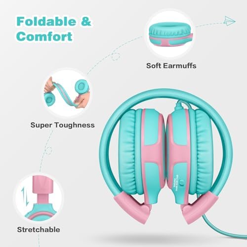 Chic Pink SIMOLIO Kids Headphones with Microphone – Volume-Limited Wired Design for Safe Listening – Adjustable Sound Levels (75/85/94 d B) for Hearing Protection – Perfect for School, Travel, and Home Use – Durable and Comfortable Fit for Active Young Listeners – Compatible with Smartphones & Tablets for Versatile Use