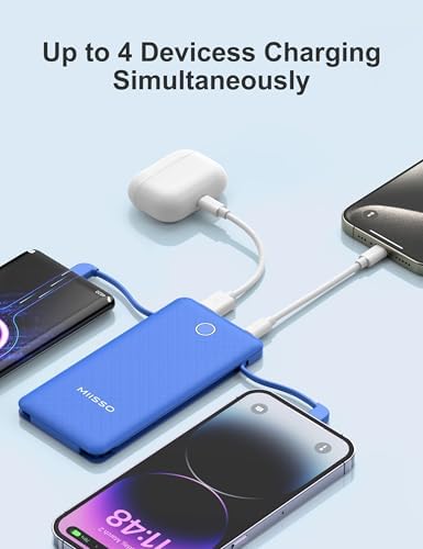 miisso 10000 m Ah Ultra-Slim Portable Power Bank with Integrated Charging Cables – Multi-Device USB-C Travel Charger for i Phone & Samsung – Compact, Lightweight Battery Pack Designed for Maximum Portability and Efficiency