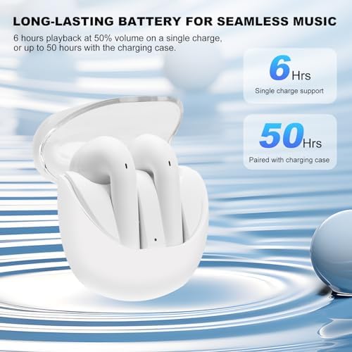 Premium Bluetooth Wireless Earbuds 2024 – 50-Hour Playtime with Deep Bass and Waterproof Design – Built-in Microphone for Clear Calls – Universal Compatibility with Android, i Phone, and Samsung Devices (White) – Transform Your Listening Experience with Exceptional Sound Quality and Comfort